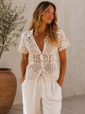 Nasty Gal Oversized Crochet Button Front Top Boho Coastal Cotton